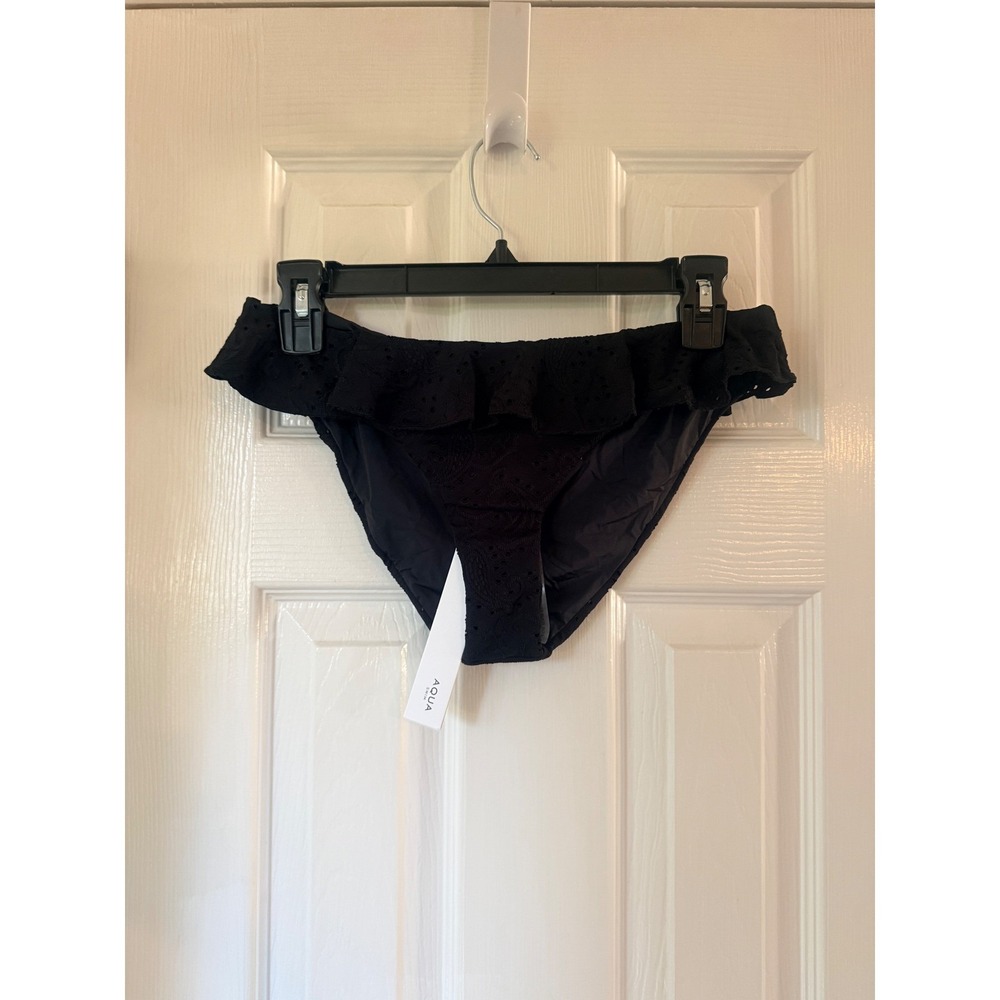 AQUA Ruffled Bikini Bottom Black Eyelet Trim Moderate Coverage Exclusive XL